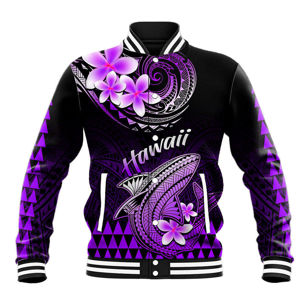 Black baseball jacket with purple Polynesian shark, plumeria flowers, ribbed collar and cuffs