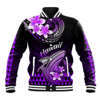 Black baseball jacket with purple Polynesian shark, plumeria flowers, ribbed collar and cuffs