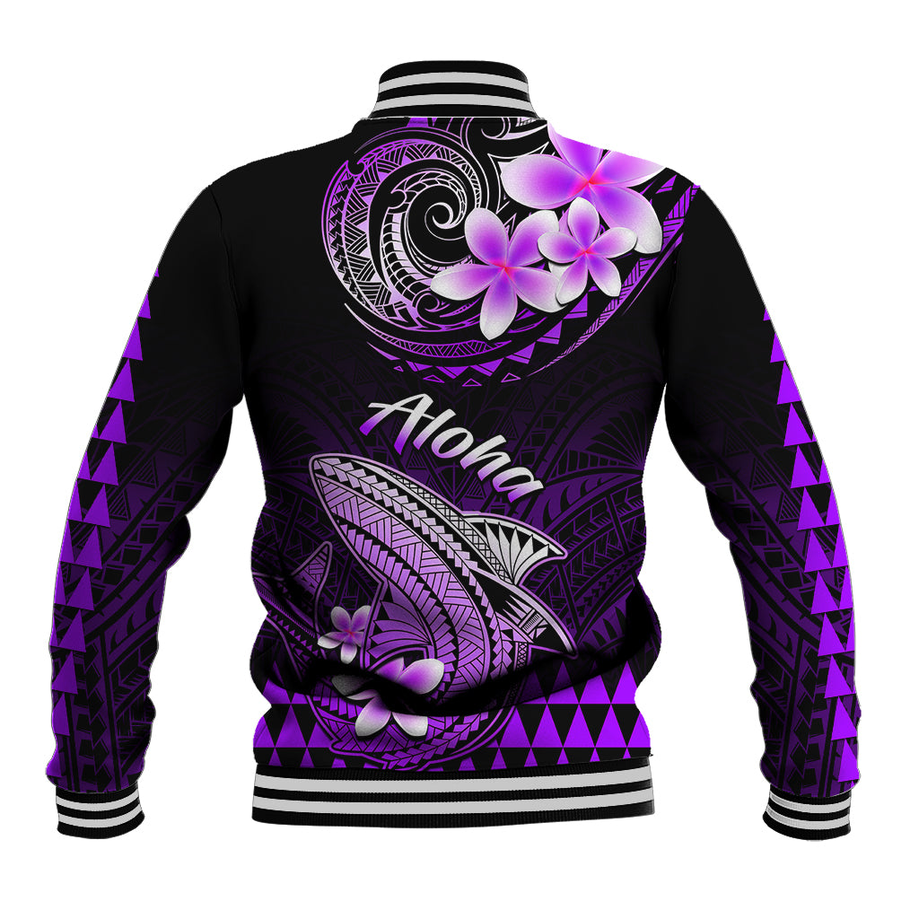 Black baseball jacket back view with purple shark emblem, plumeria flowers, striped ribbed hem