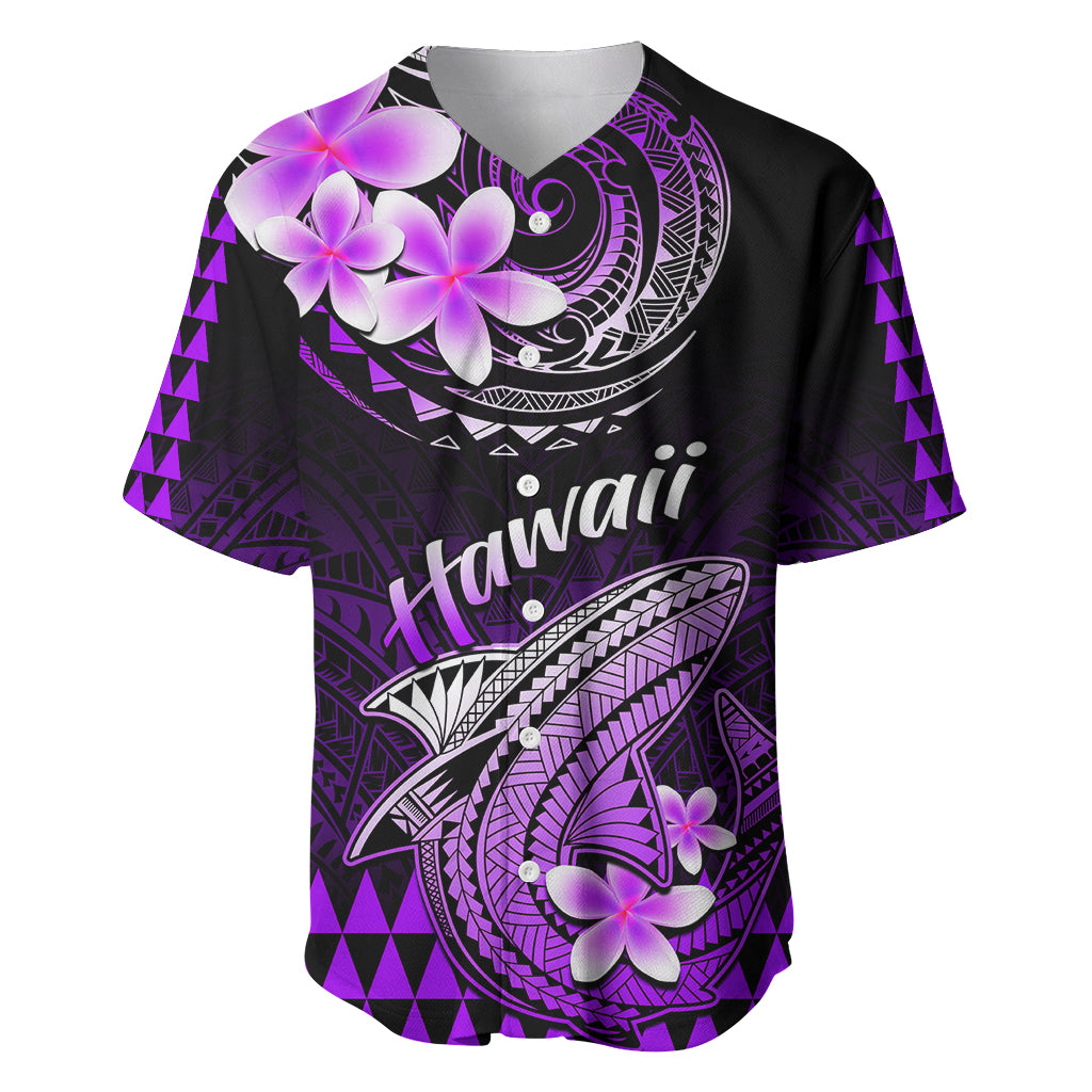 Purple and black shark baseball jersey with Aloha lettering and plumeria flower graphics