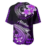 Purple and black baseball jersey, back view, with shark emblem and Aloha script floral art