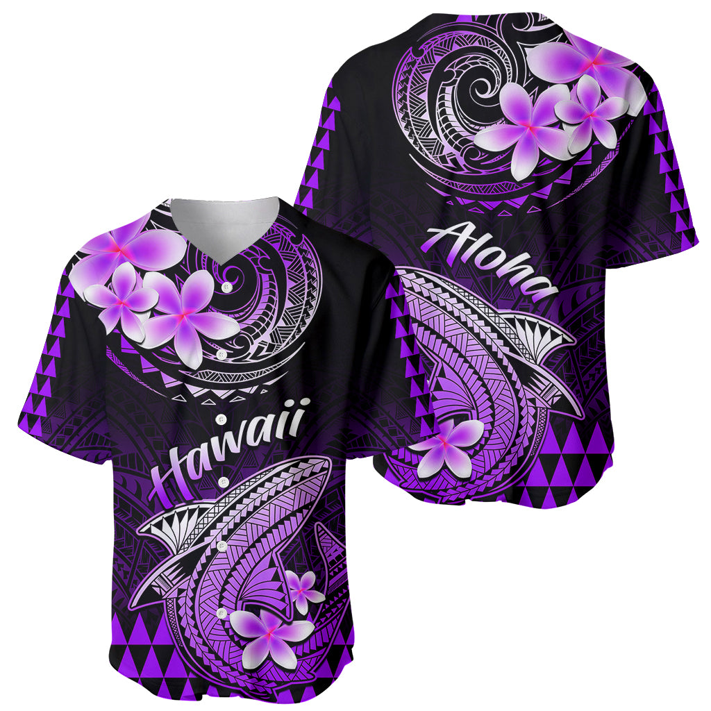 Purple and black baseball jersey front and back views with shark artwork and flower graphics