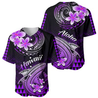 Purple and black baseball jersey front and back views with shark artwork and flower graphics
