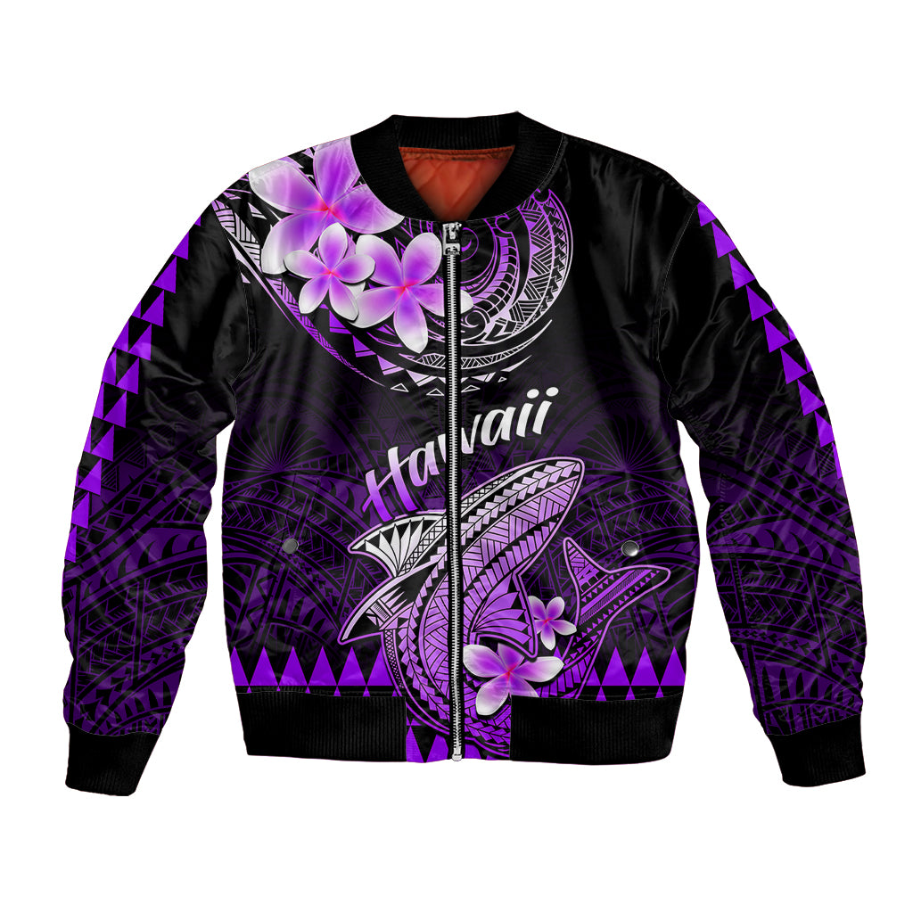 Unisex purple-and-black Polynesian shark bomber jacket with floral patch and zip front