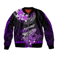 Unisex purple-and-black Polynesian shark bomber jacket with floral patch and zip front