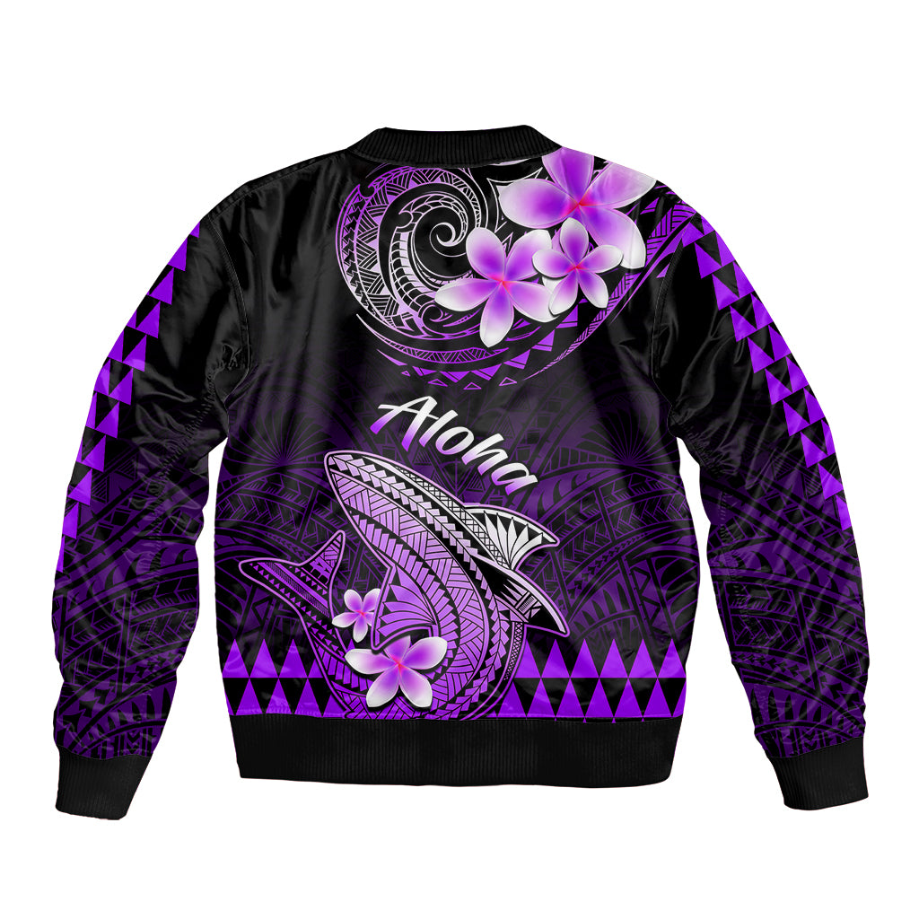 Unisex black-and-purple bomber jacket with back Polynesian shark graphic and floral accents