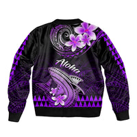 Unisex black-and-purple bomber jacket with back Polynesian shark graphic and floral accents