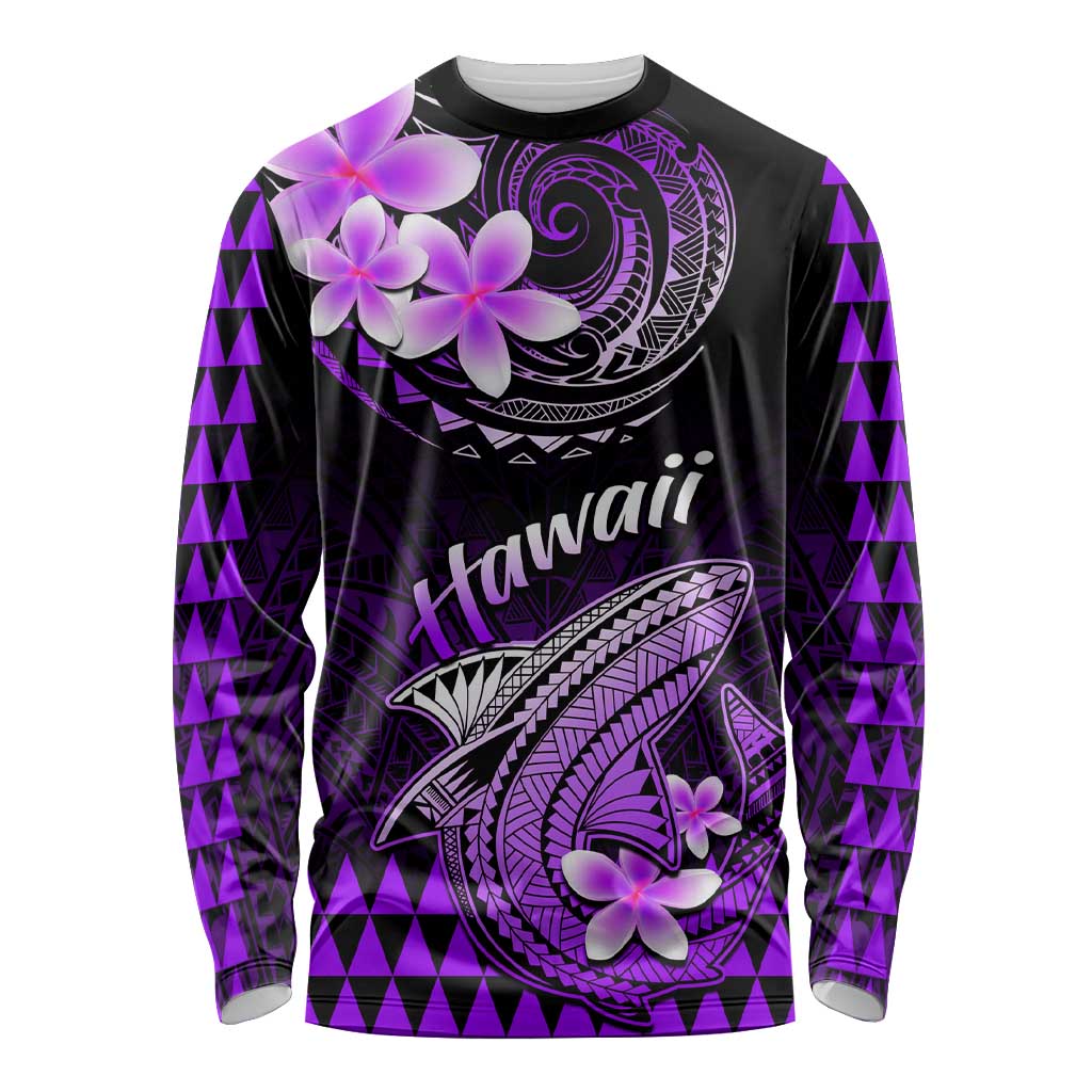 Long sleeve shirt, black with purple plumeria and shark Polynesian print