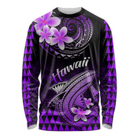 Long sleeve shirt, black with purple plumeria and shark Polynesian print