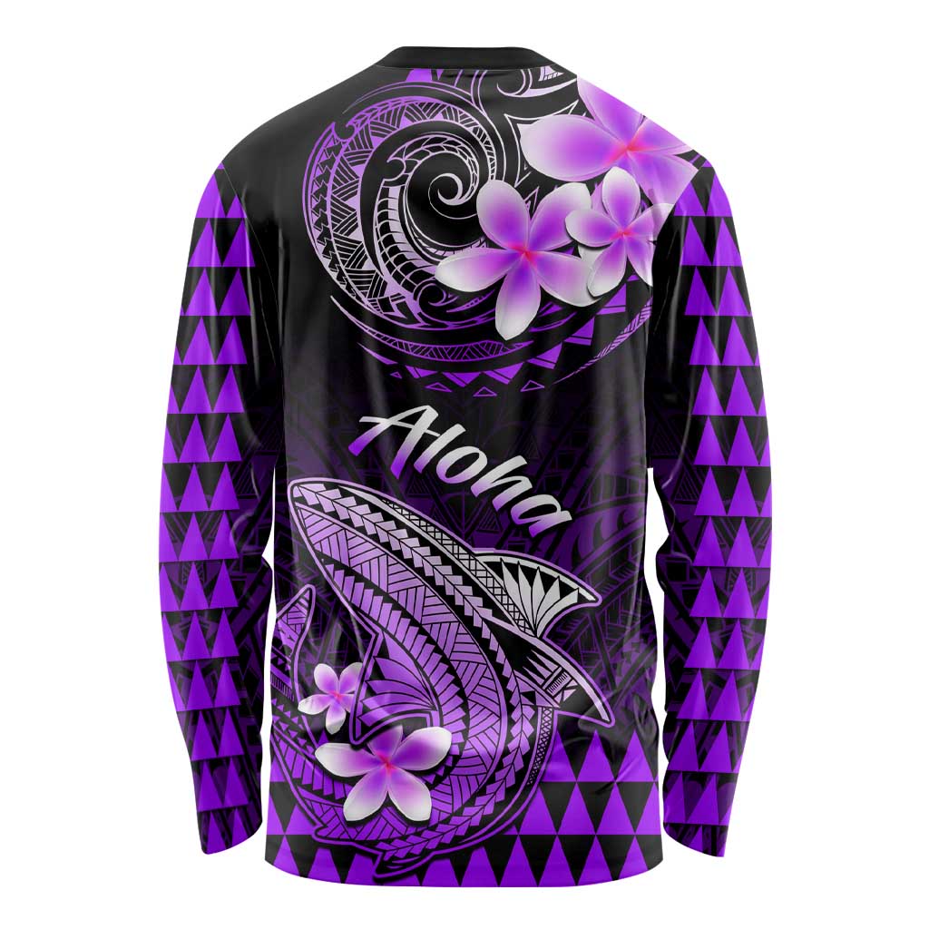 Long sleeve shirt, black back design with shark, circular tattoo, purple checker sleeves