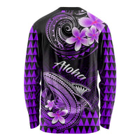 Long sleeve shirt, black back design with shark, circular tattoo, purple checker sleeves