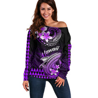 Women’s off-shoulder sweater in black with purple Polynesian shark and floral print