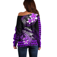 Women’s off-shoulder sweater, black with purple shark, floral and geometric back print