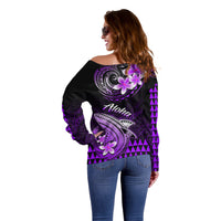 Women’s off-shoulder sweater in black with purple shark, flowers, and geometric side print