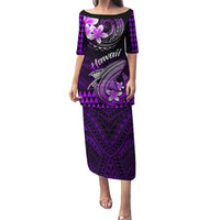 Purple Polynesian shark midi dress with Aloha text, floral print and tribal patterns