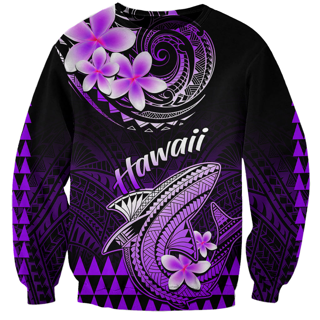 Unisex purple-and-black shark Hawaii sweatshirt with flower and Kakau-style graphic