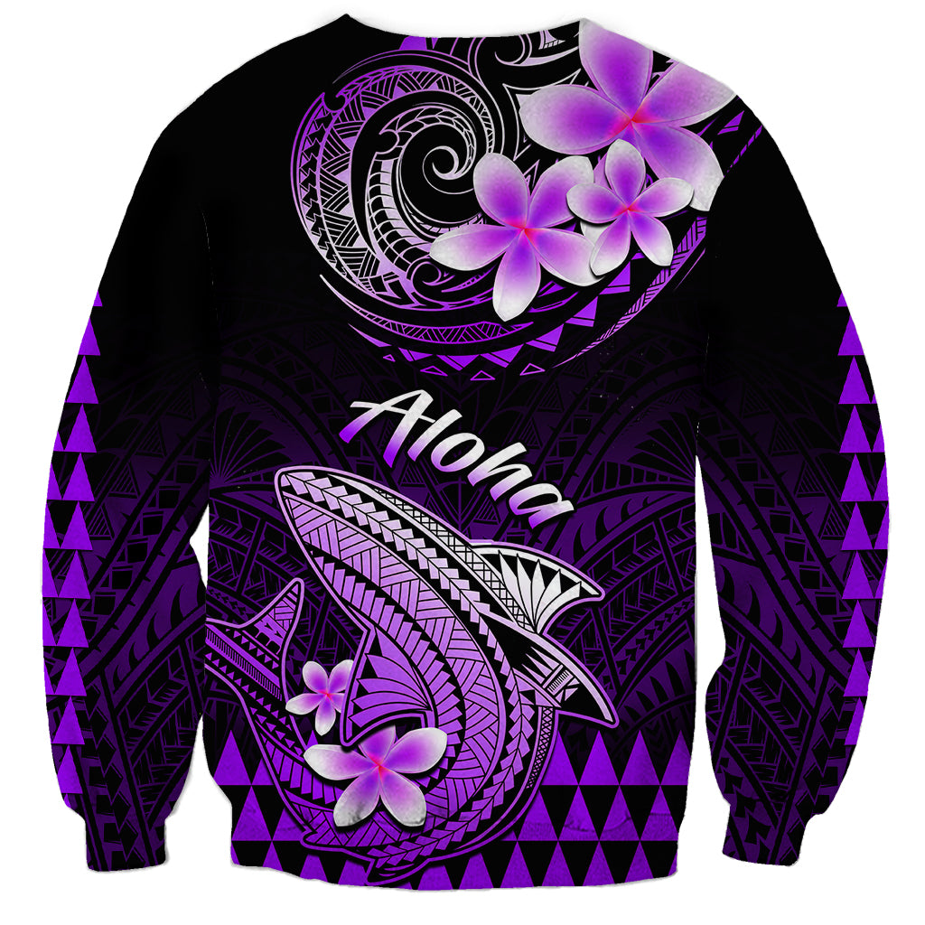 Unisex black sweatshirt with centered purple shark, Hawaii lettering, and plumeria flowers