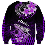 Unisex black sweatshirt with centered purple shark, Hawaii lettering, and plumeria flowers