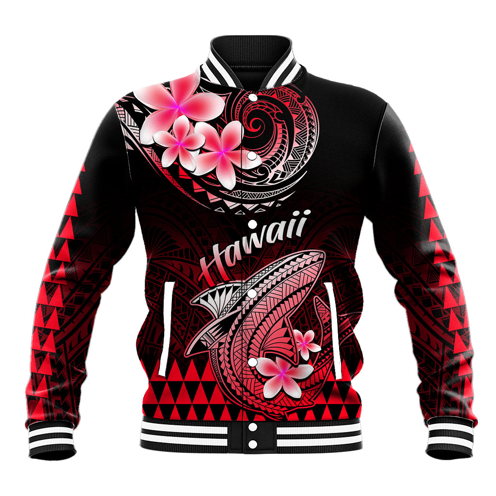 Red and black Hawaiian baseball jacket with Polynesian shark front graphic