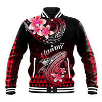 Red and black Hawaiian baseball jacket with Polynesian shark front graphic