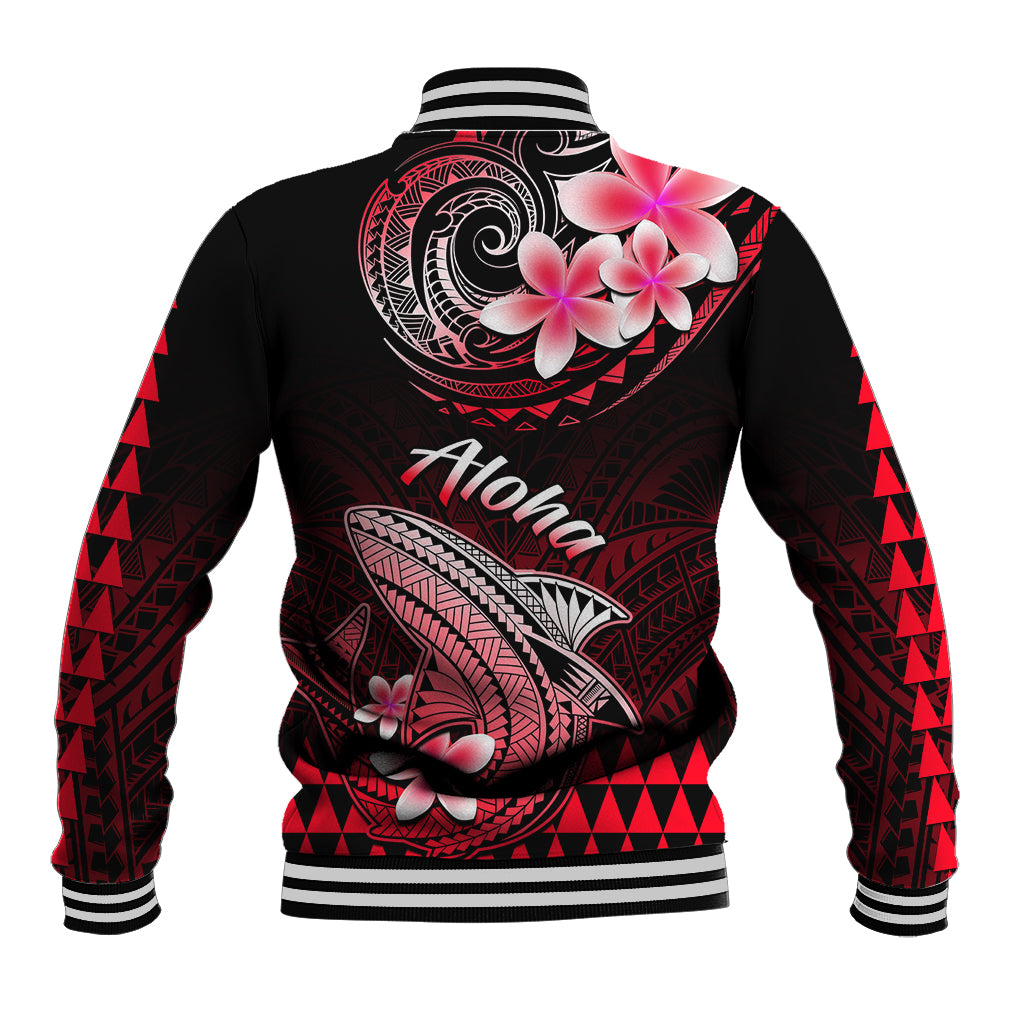 Red and black Hawaiian baseball jacket with large back Polynesian shark and flower print