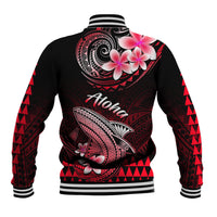 Red and black Hawaiian baseball jacket with large back Polynesian shark and flower print