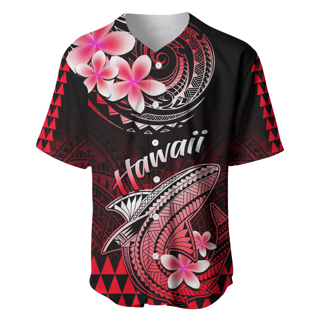 Black baseball jersey with red Polynesian shark, plumeria flowers, and button front
