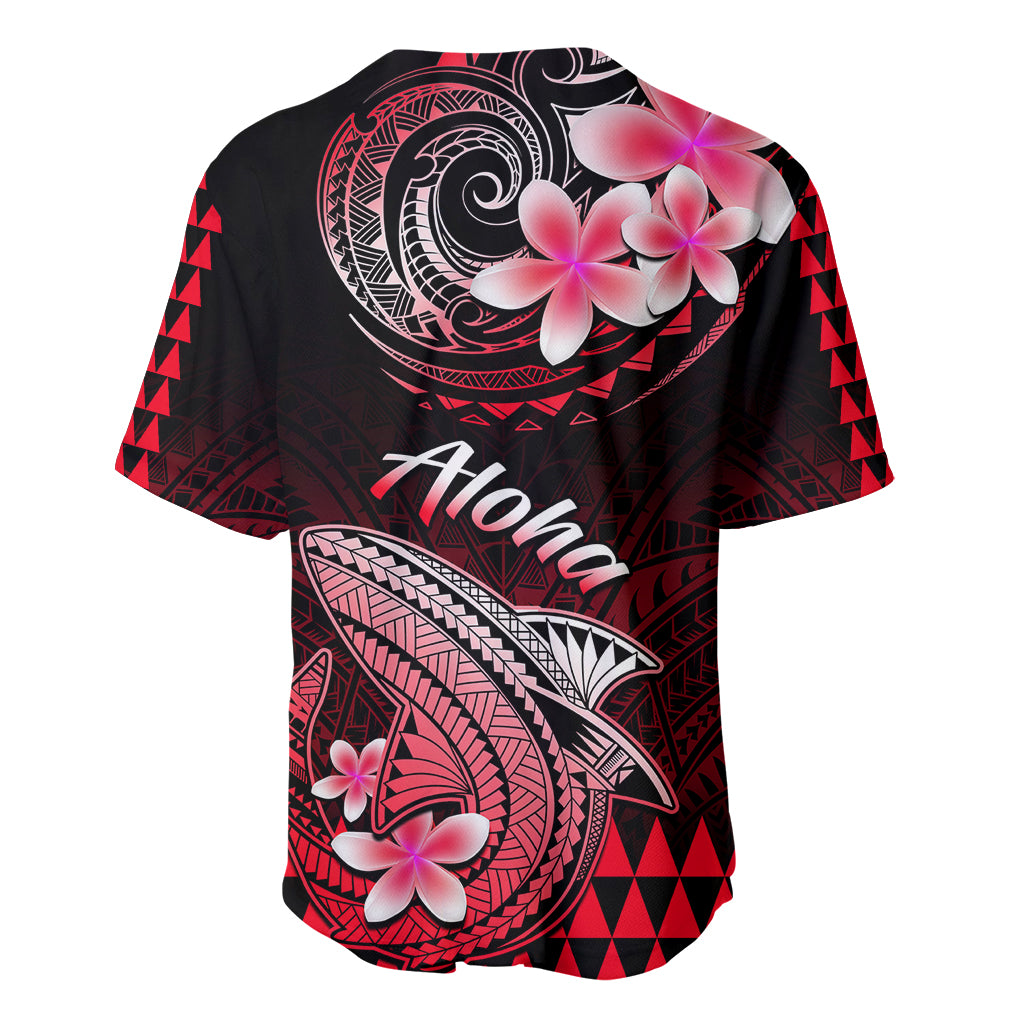 Black baseball jersey with red back print: shark circle, plumeria flowers, button front
