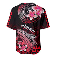 Black baseball jersey with red back print: shark circle, plumeria flowers, button front