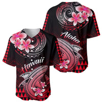 Black baseball jersey set with red Polynesian shark and plumeria graphics, button fronts