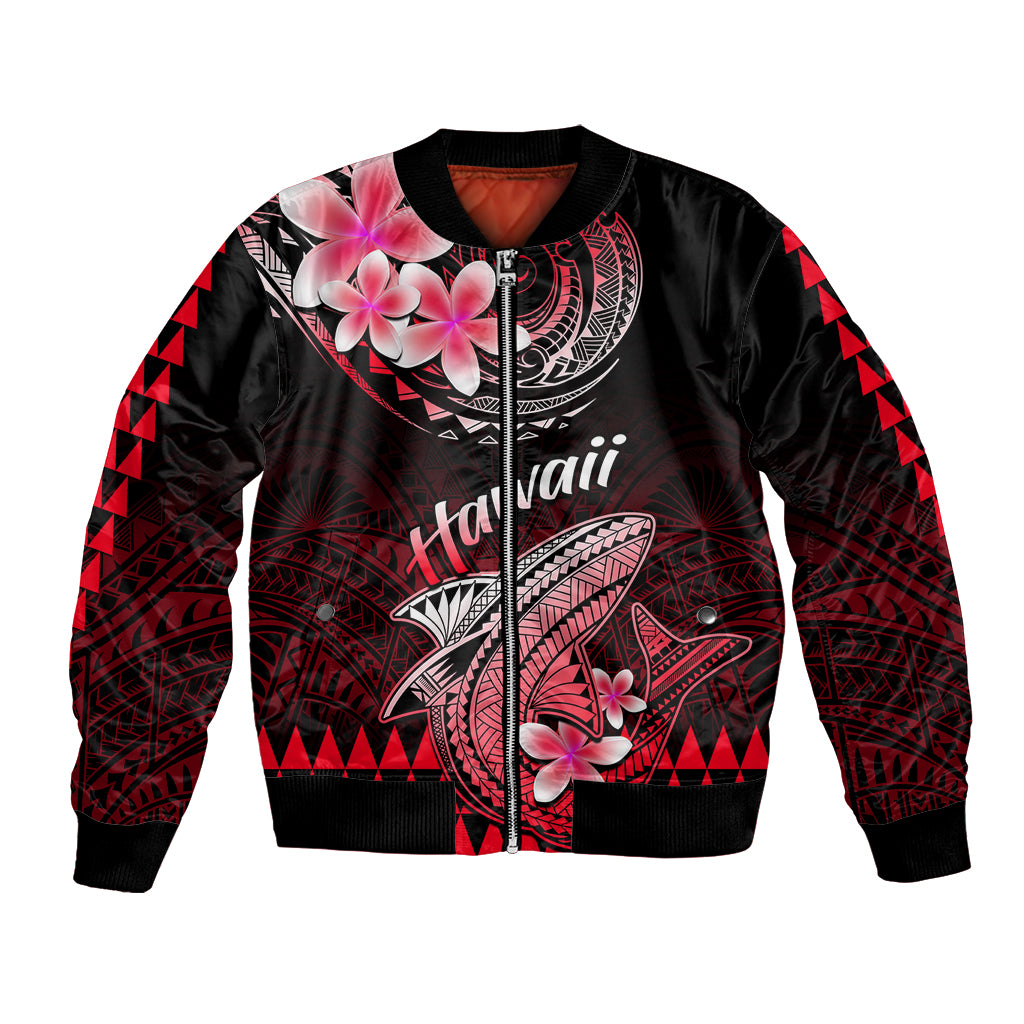 Unisex red and black bomber jacket with hibiscus and shark front graphic