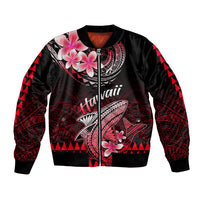 Unisex red and black bomber jacket with hibiscus and shark front graphic