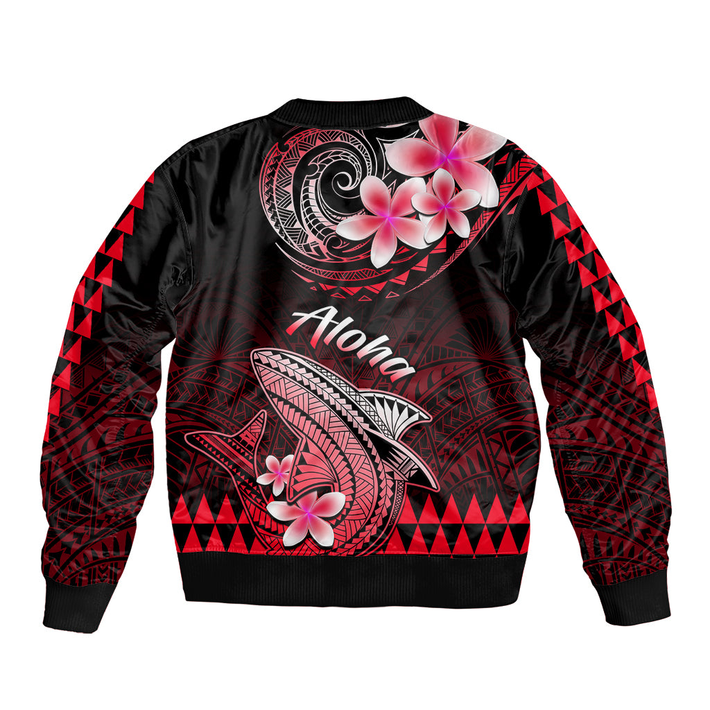 Unisex black bomber jacket with large shark and hibiscus graphic on back