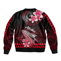 Unisex black bomber jacket with large shark and hibiscus graphic on back