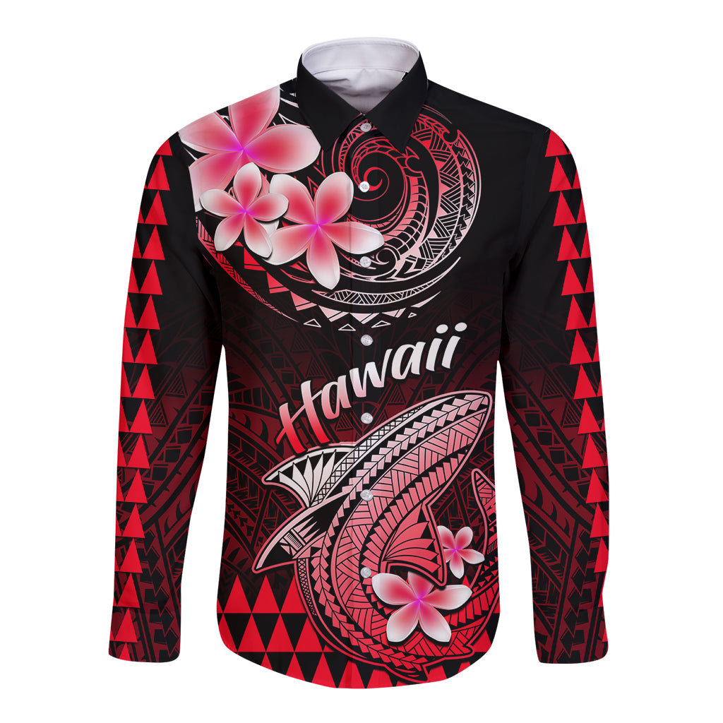 Red long-sleeve button shirt with black Polynesian shark, flowers, and geometric pattern