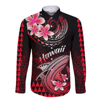 Red long-sleeve button shirt with black Polynesian shark, flowers, and geometric pattern