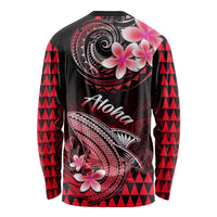 Black long-sleeve shirt with red geometric sides, circular shark design and pink plumerias