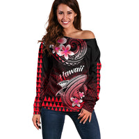 Women’s off-shoulder sweater, black and red with pink flowers and shark graphic, front