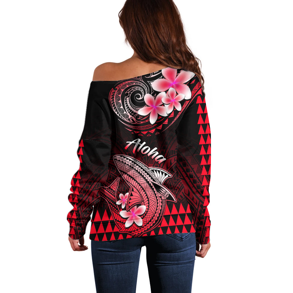 Women’s off-shoulder sweater, back view: black and red with pink flowers and shark art