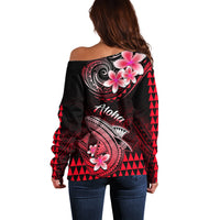 Women’s off-shoulder sweater, back view: black and red with pink flowers and shark art