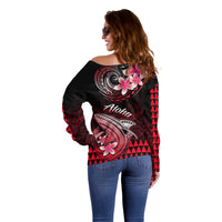 Women’s off-shoulder sweater, side/back: black and red knit with pink flower shark design