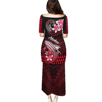 Long pullover dress, back view: red-and-black shark and floral print with Aloha text.
