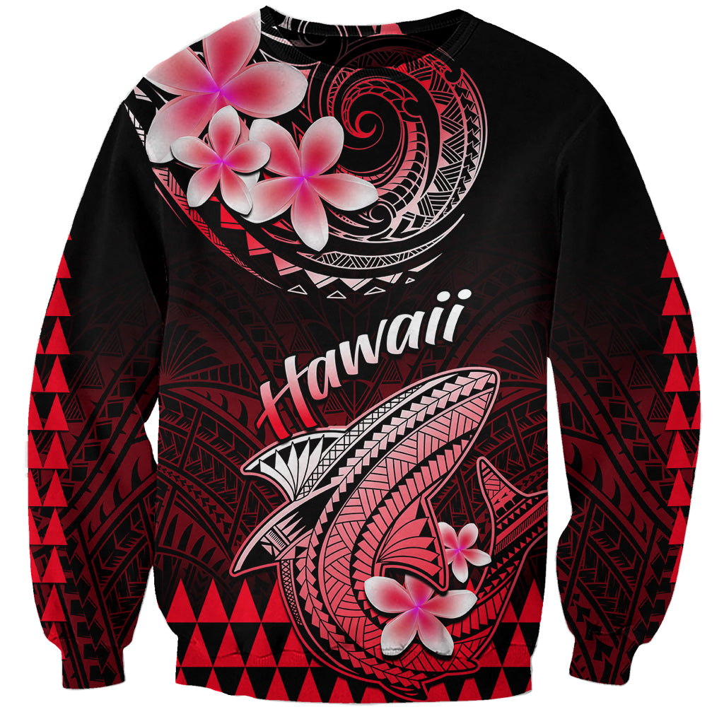 Unisex pullover sweatshirt with black, red Polynesian shark and plumeria flower print
