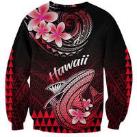 Unisex pullover sweatshirt with black, red Polynesian shark and plumeria flower print