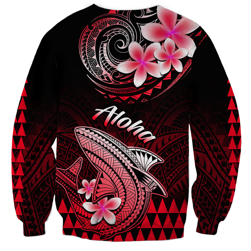 Unisex pullover sweatshirt with black red shark, plumeria flowers, and Aloha text