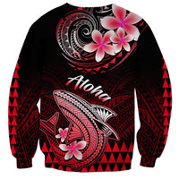 Unisex pullover sweatshirt with black red shark, plumeria flowers, and Aloha text