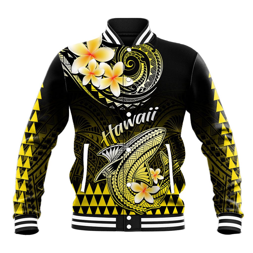 Black and yellow Hawaiian baseball jacket, striped ribbed collar; shark and floral front graphic