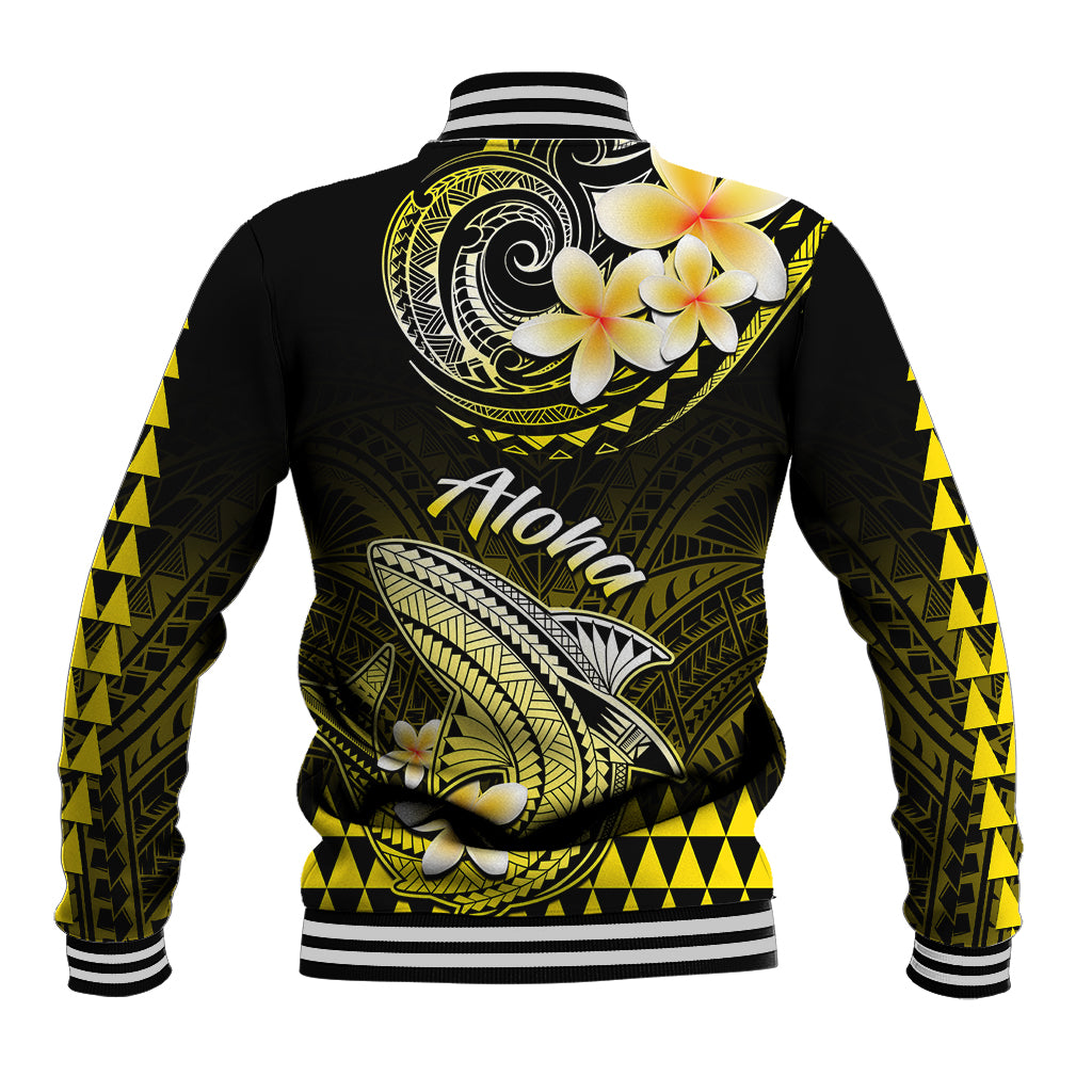Black and yellow Hawaiian baseball jacket, striped ribbed collar; 'Aloha' and shark back graphic