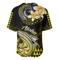 Black and yellow baseball jersey with Aloha text, polynesian shark art, and plumeria flowers