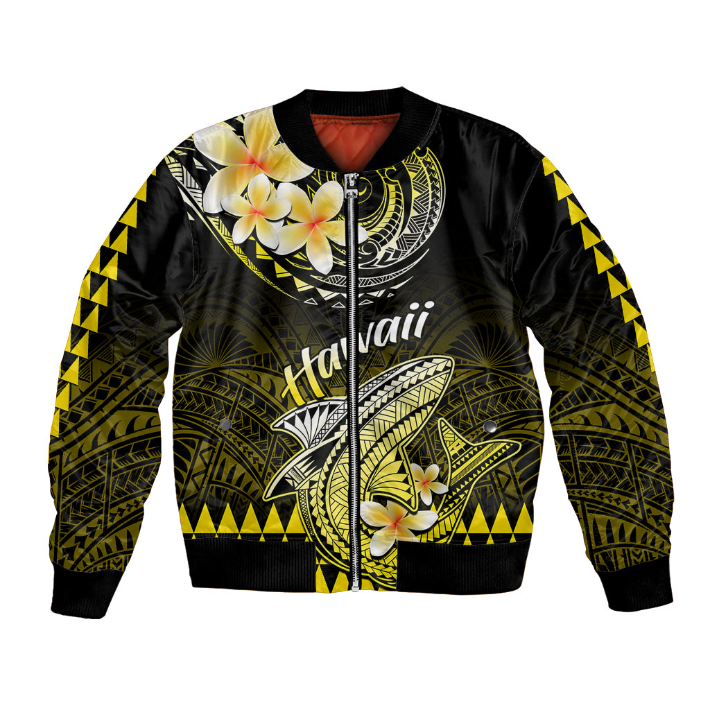 Yellow-accented black bomber jacket with Polynesian shark and floral print, front zip